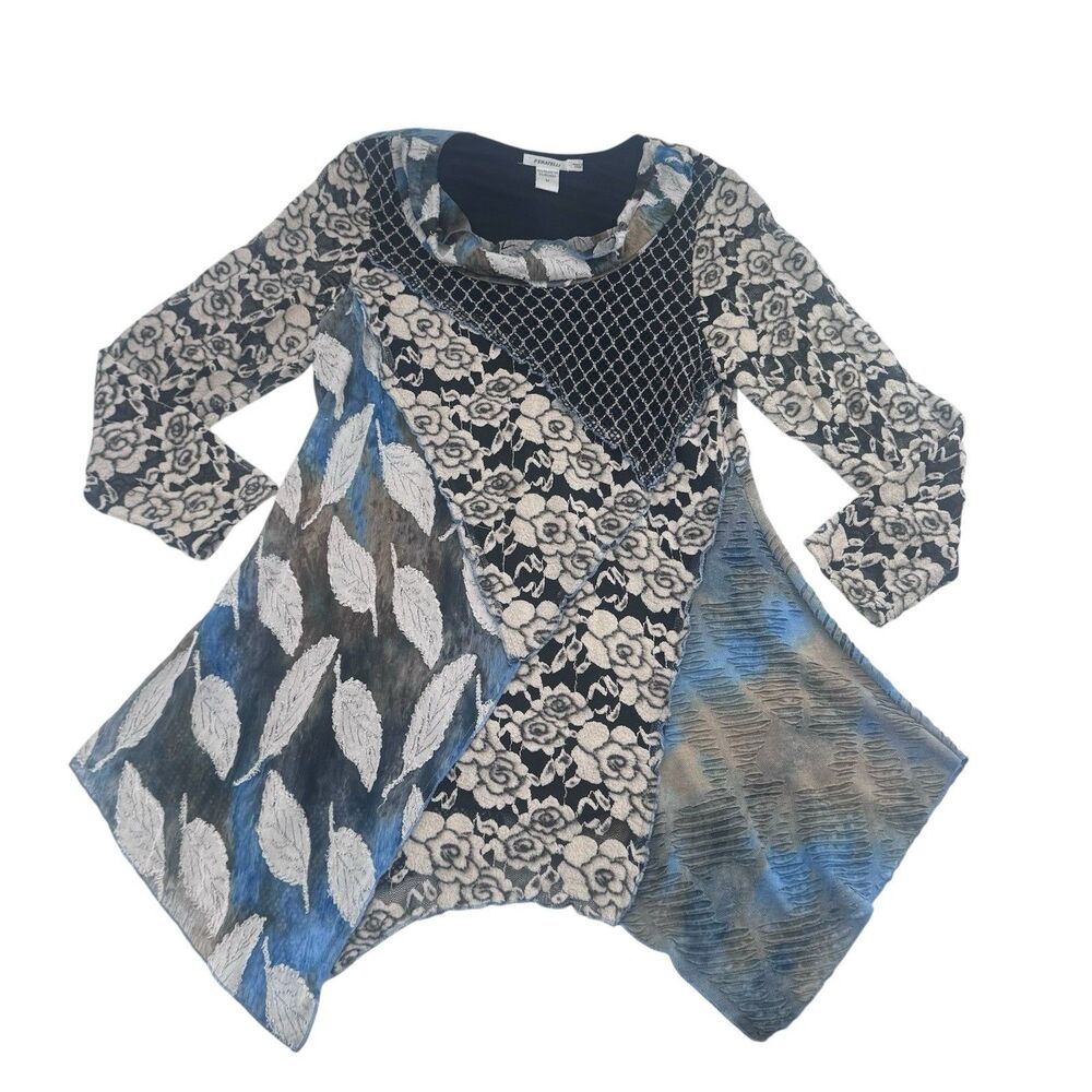 Feratelli Y2K Patchwork Asymmetrical Tunic Top Boho Blue Black M Fast Shipping